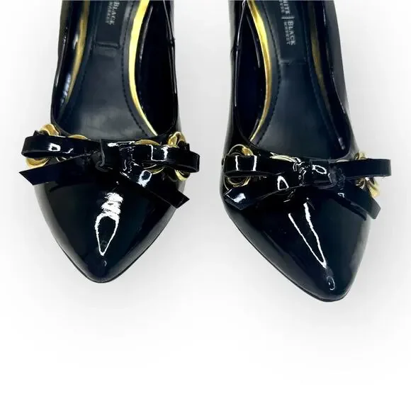 White House Black Market Gabriele Pump Size 6 Black Patent Leather Bow Chain Toe - Picture 12 of 12